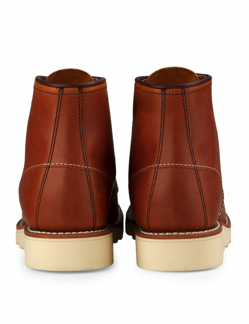 Brown leather ankle boots, back view, with tan soles and stitched seams