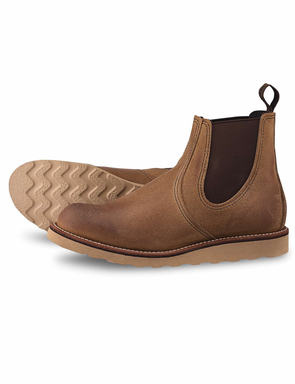 Tan muleskinner Chelsea boot with elastic side gore and textured tread sole