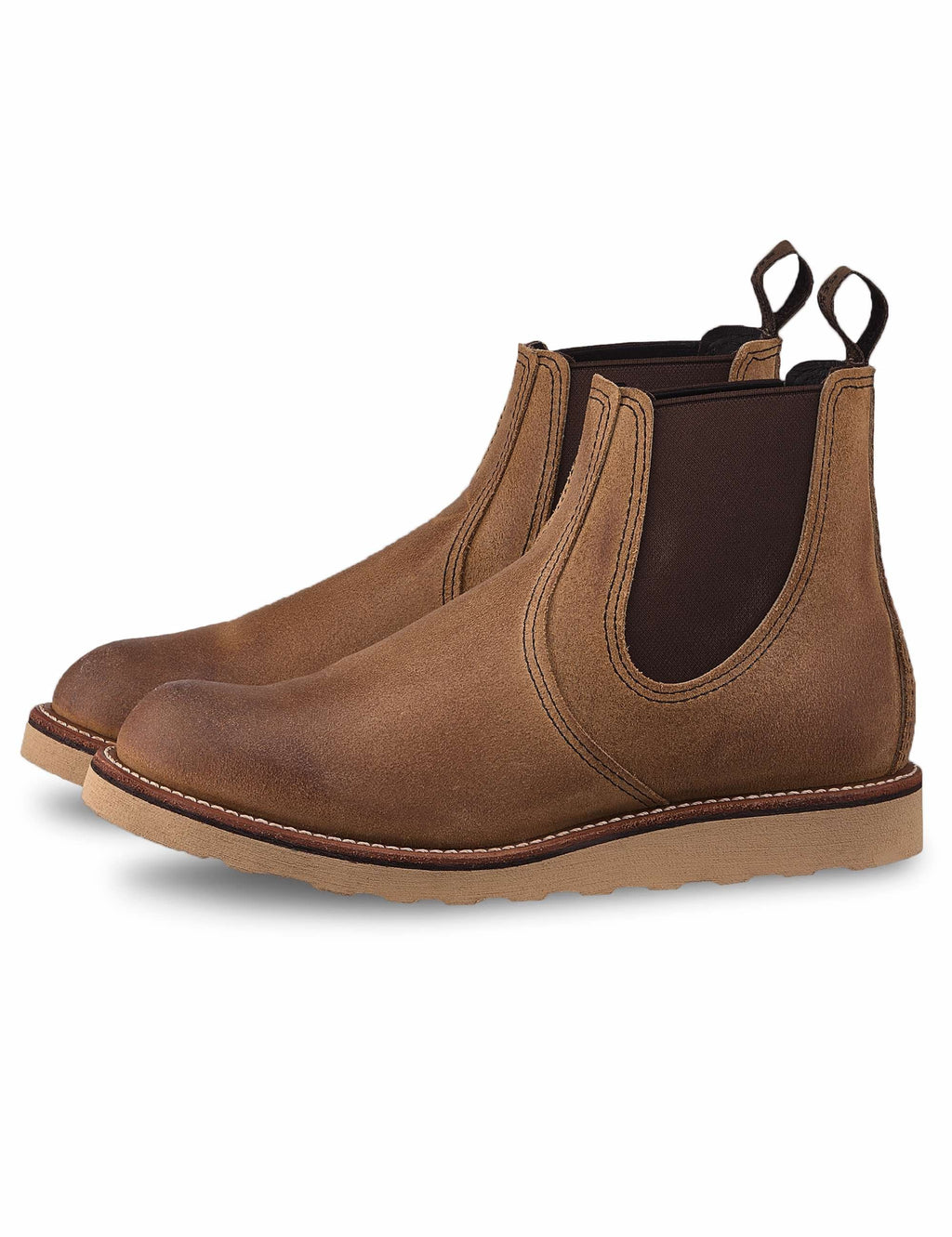 Tan muleskinner Chelsea boot with elastic side gores and stitched welt