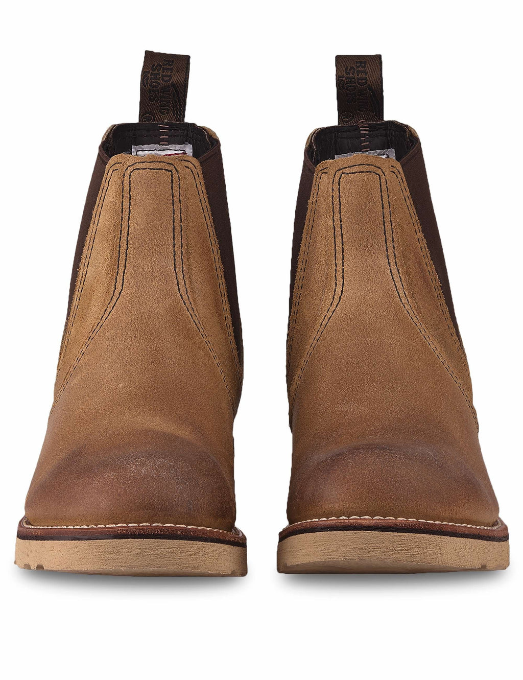 Tan muleskinner Chelsea boots pair, rear view with pull tabs and stitched heel