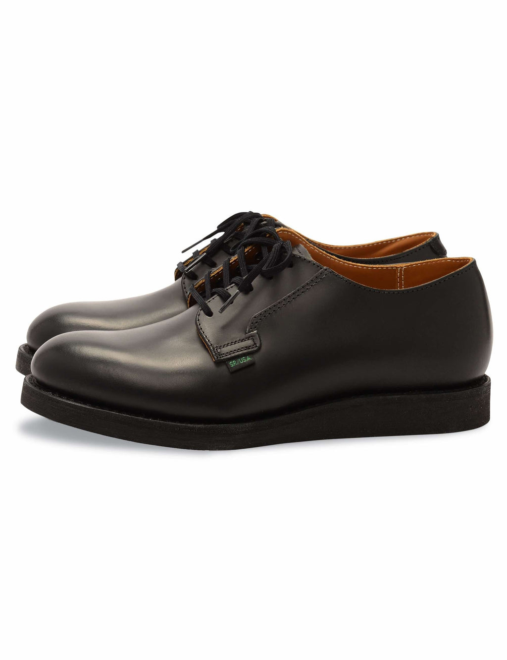 Black leather oxford work shoes, three-quarter view with lace-up front and rubber sole.