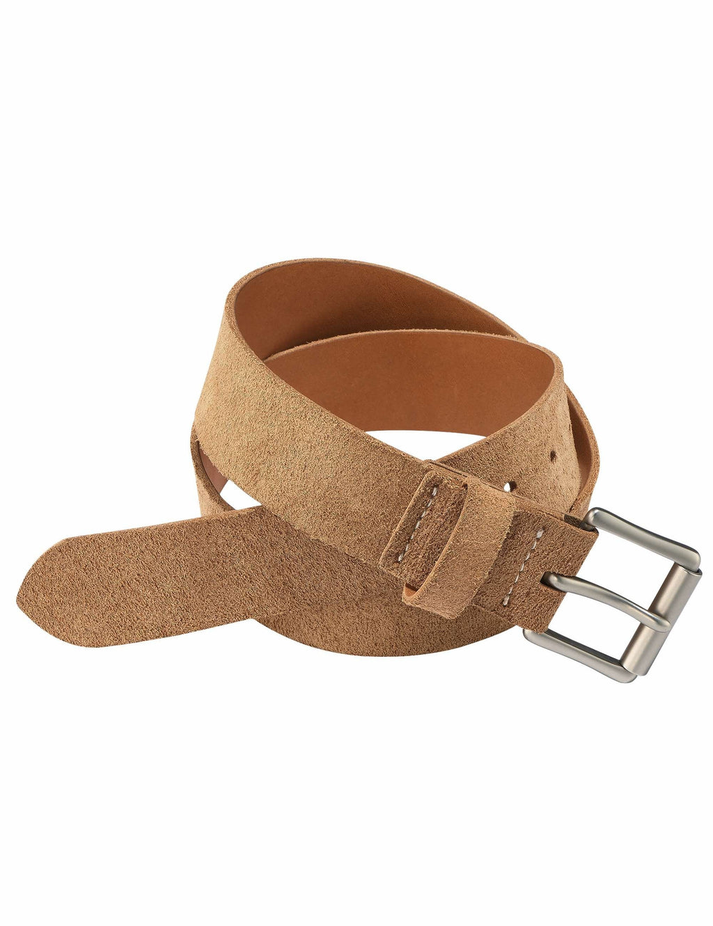 Suede leather belt with square keeper and silver-tone buckle, tan.