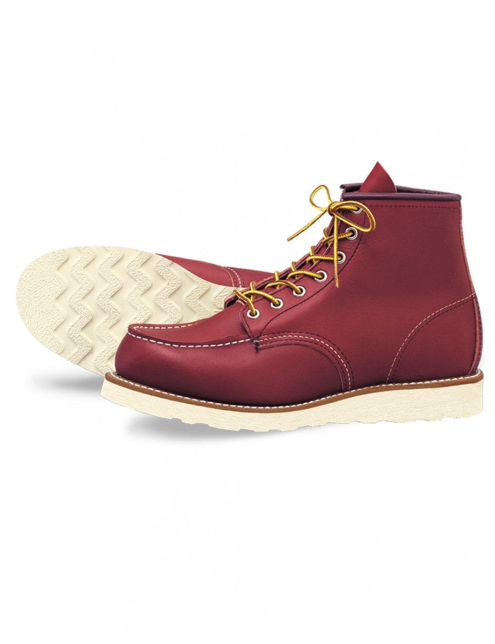 Burgundy moc-toe lace-up boots, side view, with textured tread sole