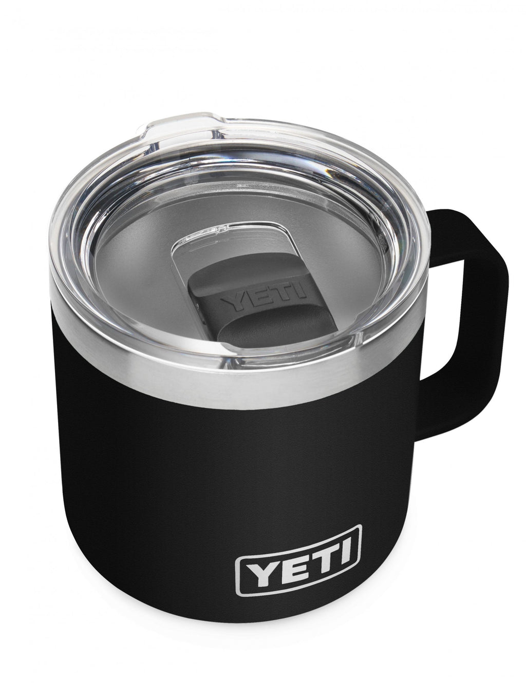 Rambler stackable mug 14oz, black with open lid and inner tray