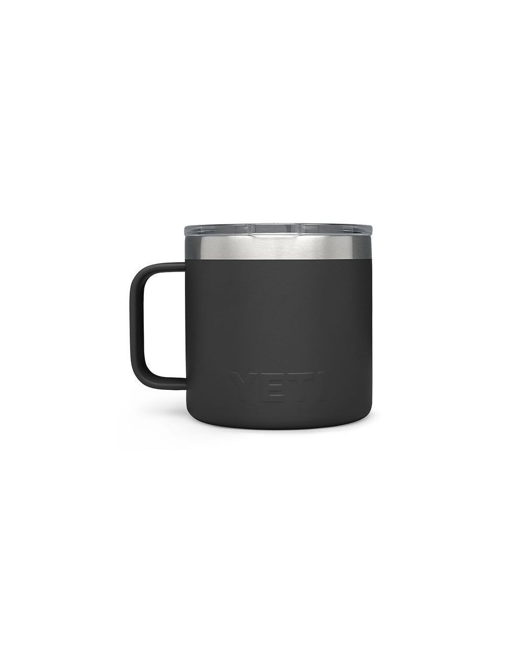 Rambler stackable mug 14oz, black metal mug with handle, side view