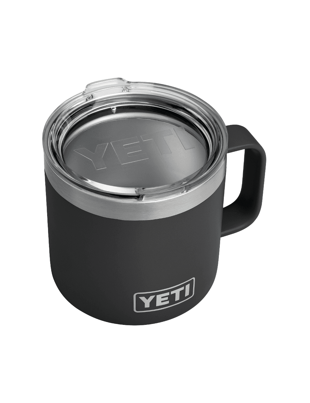 Rambler stackable mug 14oz, black with YETI logo and open top