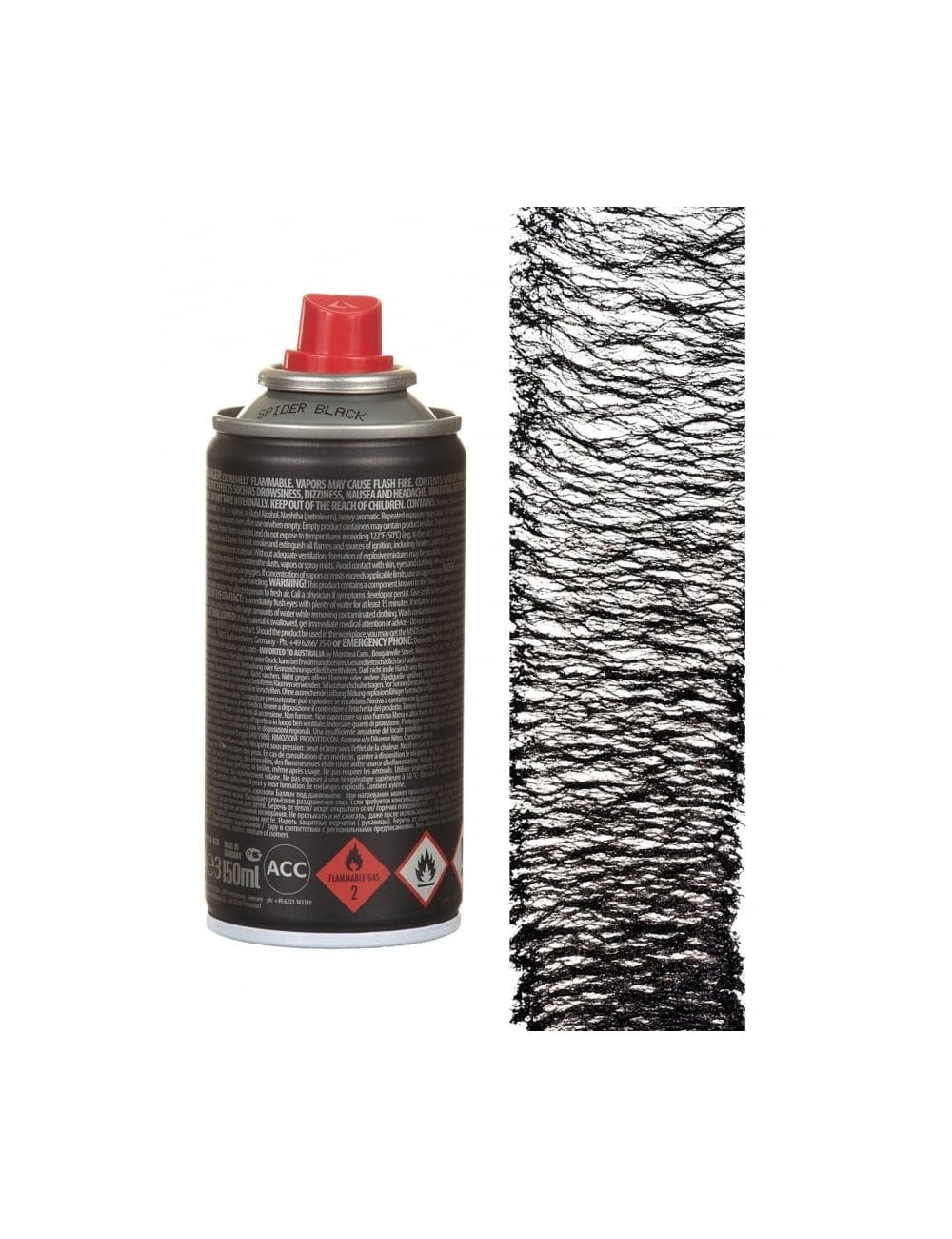 Back of black spray paint can with red nozzle, plus spiderweb texture sample