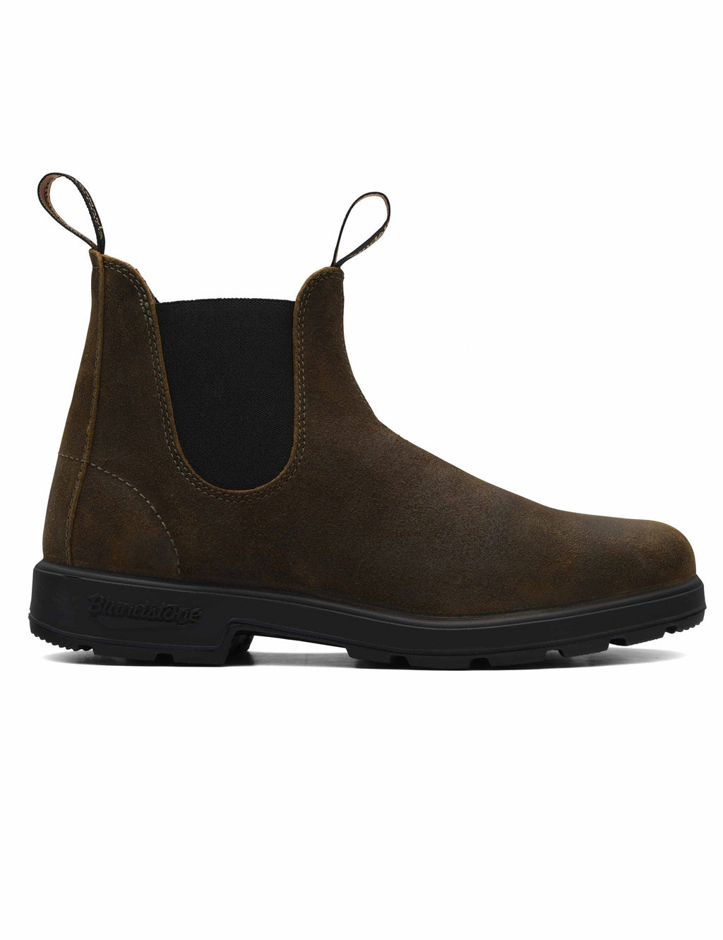 Dark olive suede Chelsea boots with elastic side panels and pull tabs, black sole