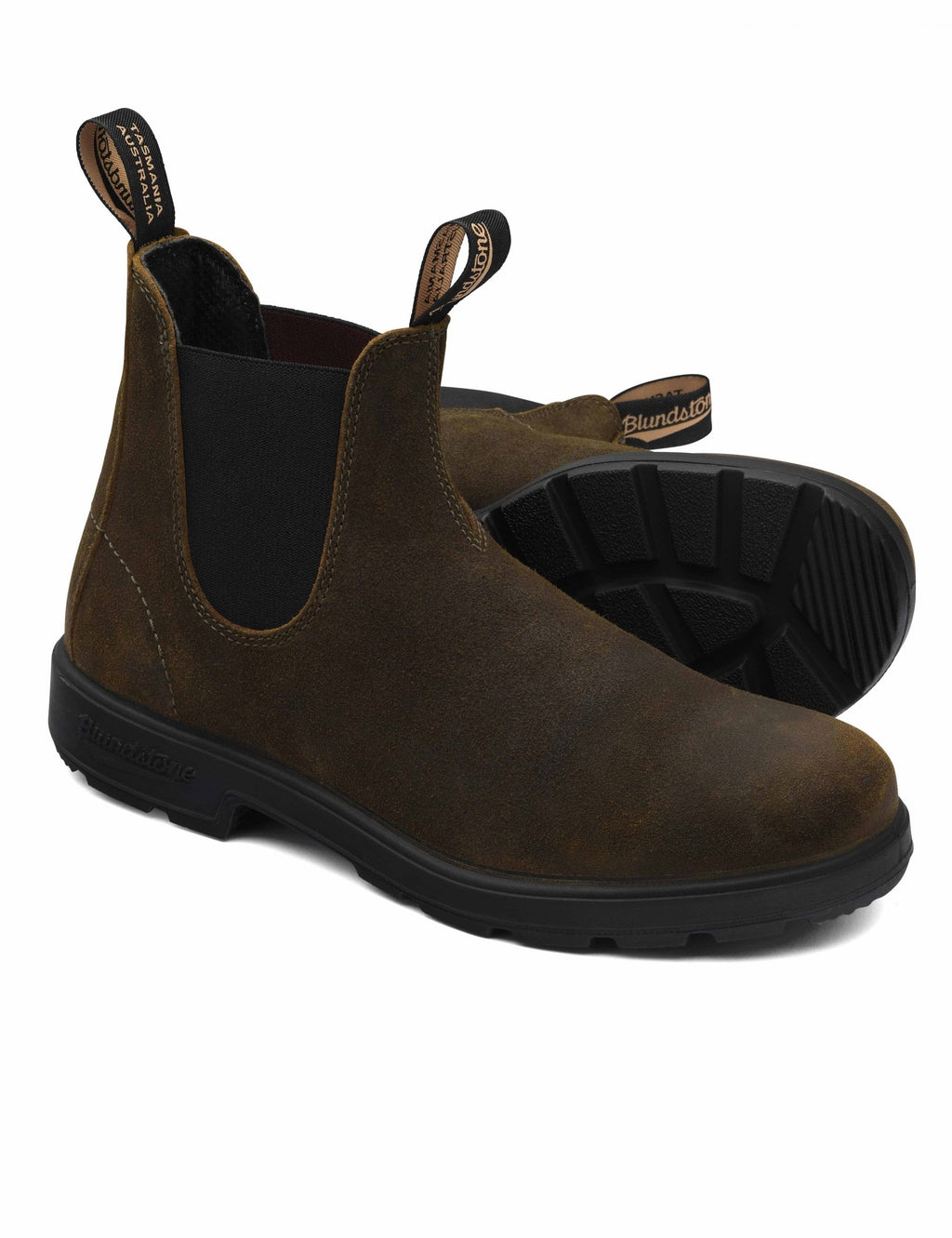 Dark olive suede Chelsea boots, angled view with pull tabs and visible tread outsole