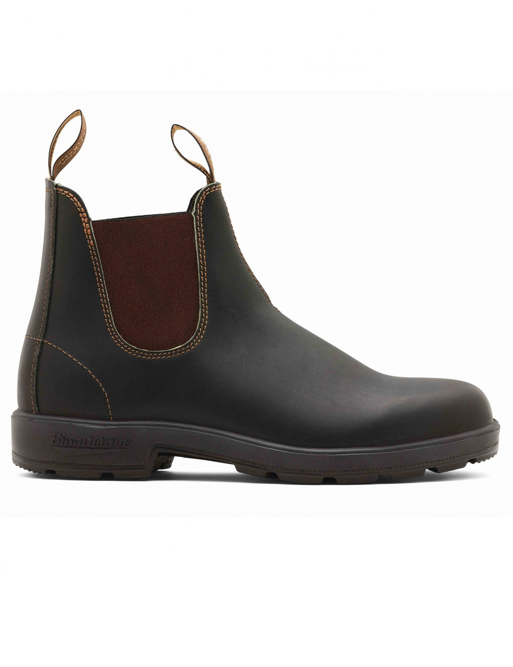 Leather chelsea boot in dark brown with elastic side gore and pull tab