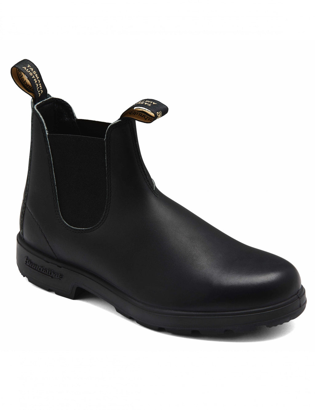 Black leather Chelsea boots with elastic side panels, low heel and rounded toe.
