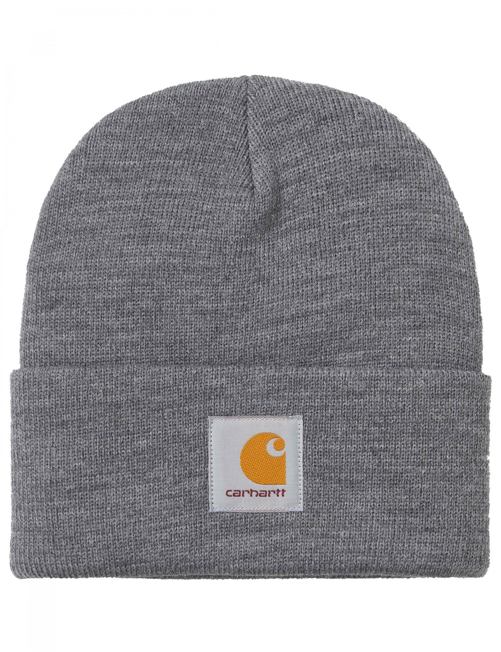 Short watch beanie hat in dark grey heather knit, Carhartt logo patch on cuff