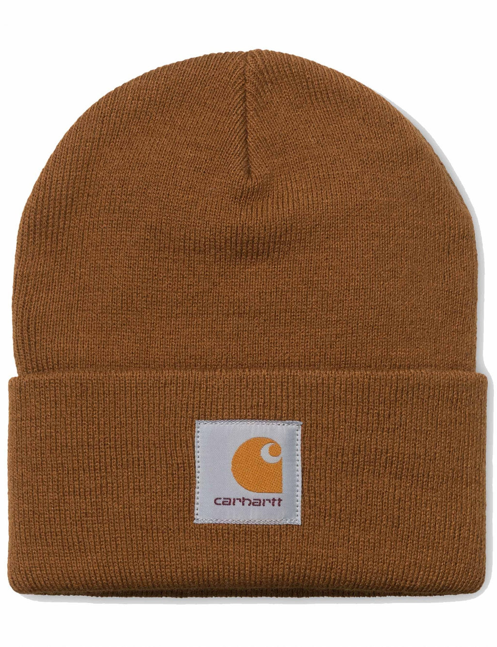 Brown knit watch beanie hat with folded cuff and Carhartt logo patch