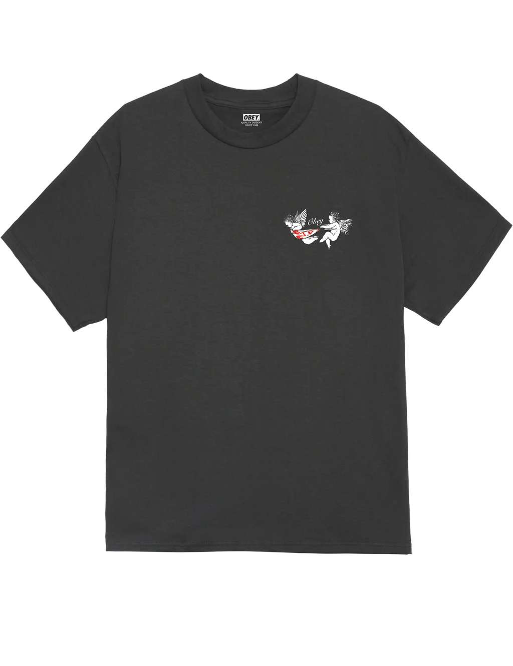 Black graphic T-shirt with small chest mouse logo