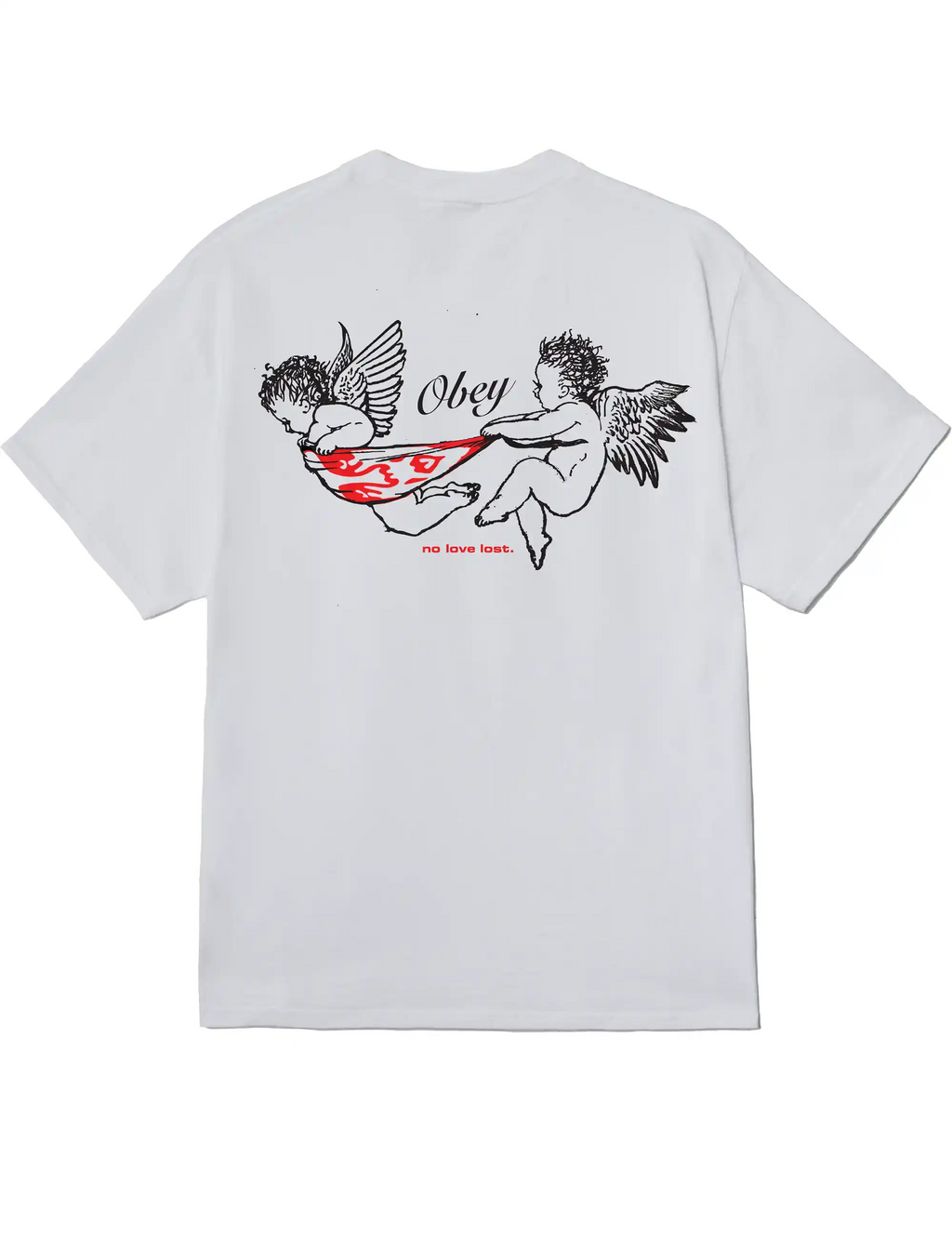 White crewneck T-shirt with winged cherub graphic on chest
