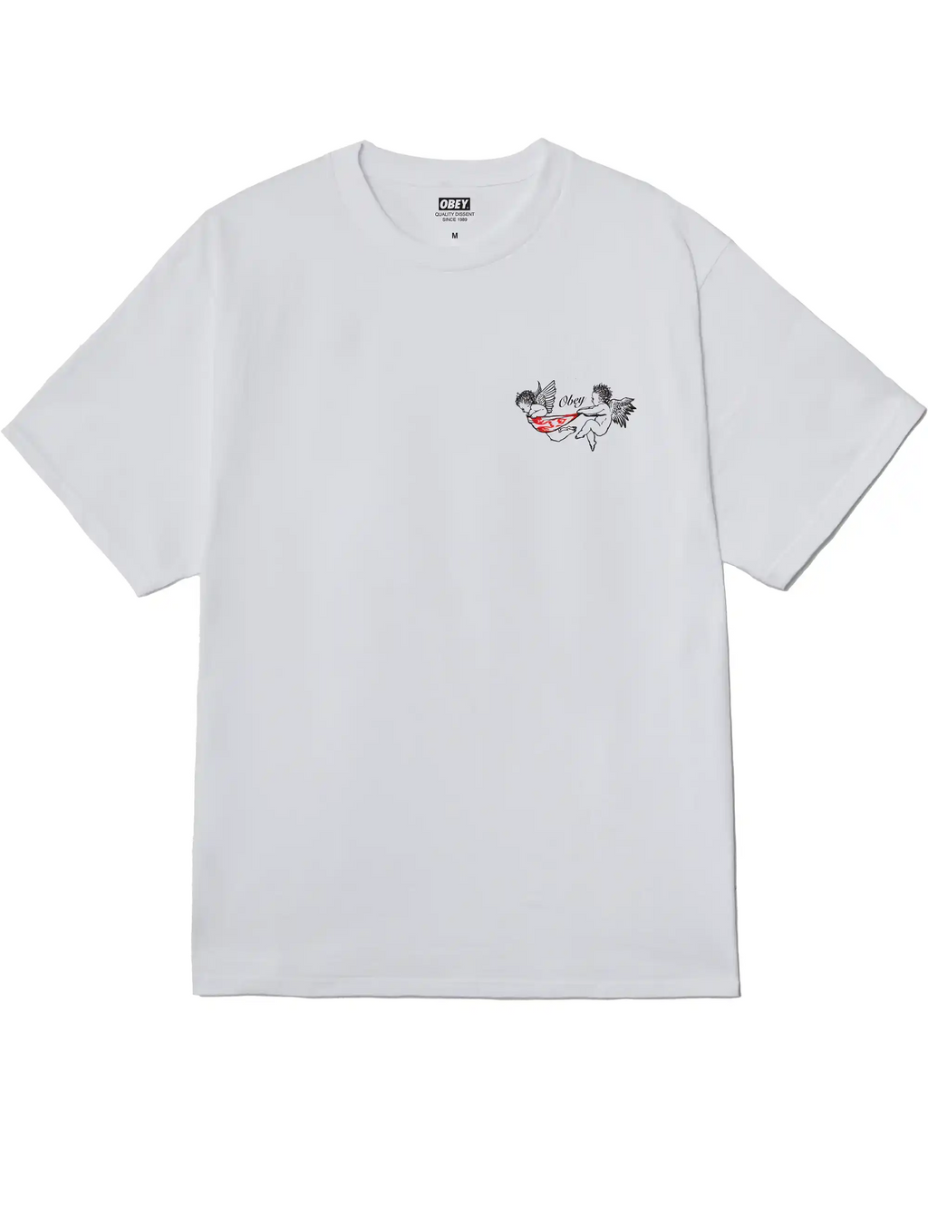 White crewneck T-shirt with small chest graphic logo