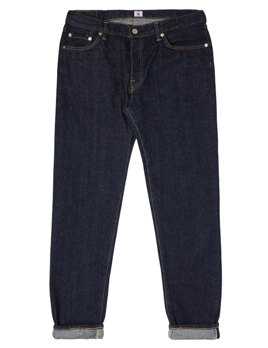 Men's tapered selvedge jeans, dark blue wash, straight front, cuffed hem