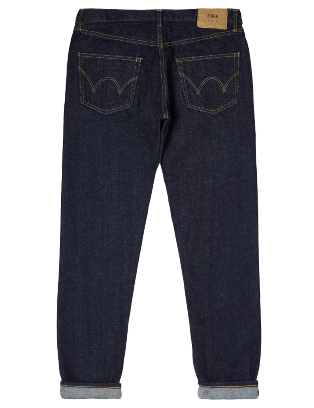 Men's tapered selvedge jeans, dark blue wash, back view with yoke and back pockets