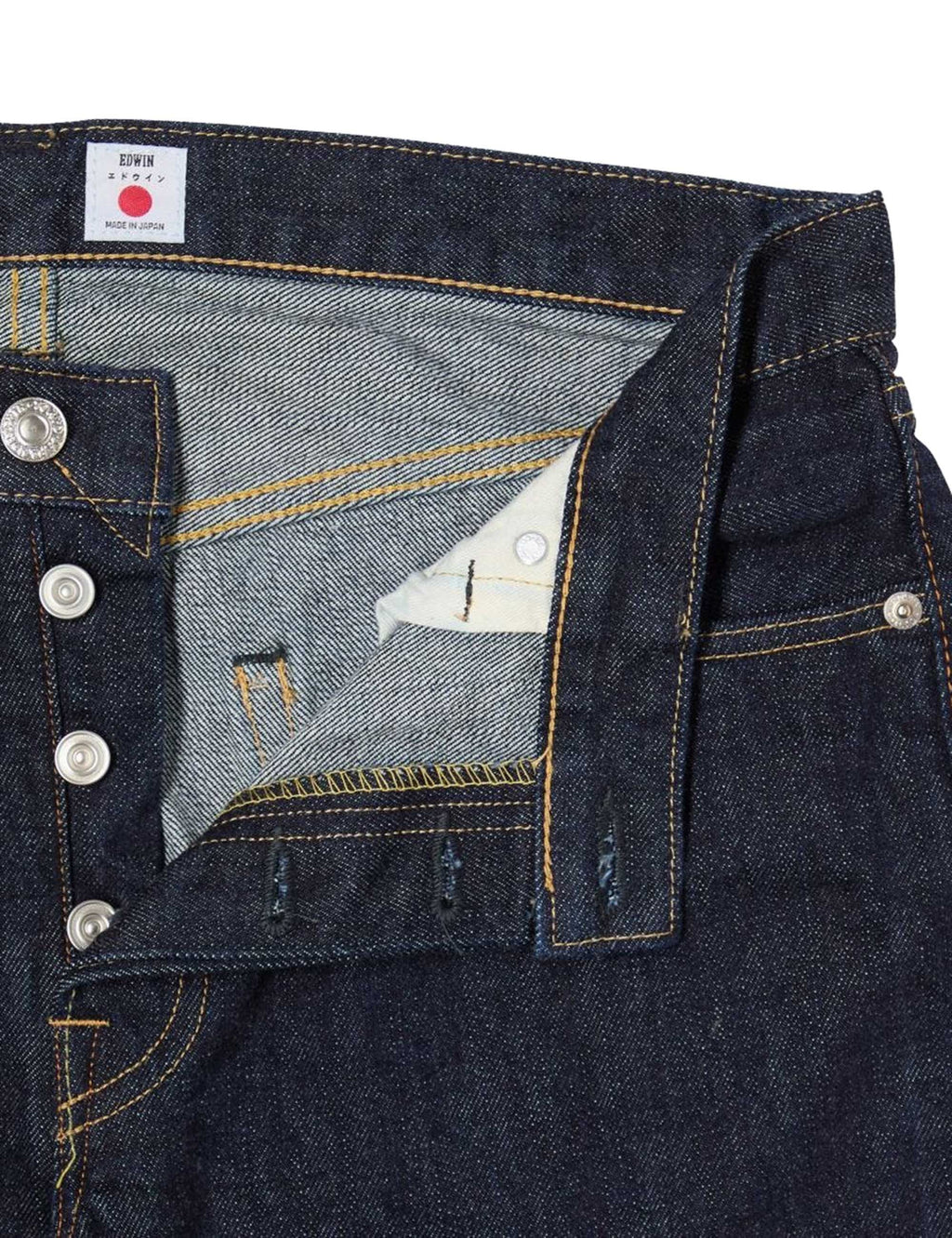 Dark blue jeans close-up of front pocket and coin pocket with brass buttons