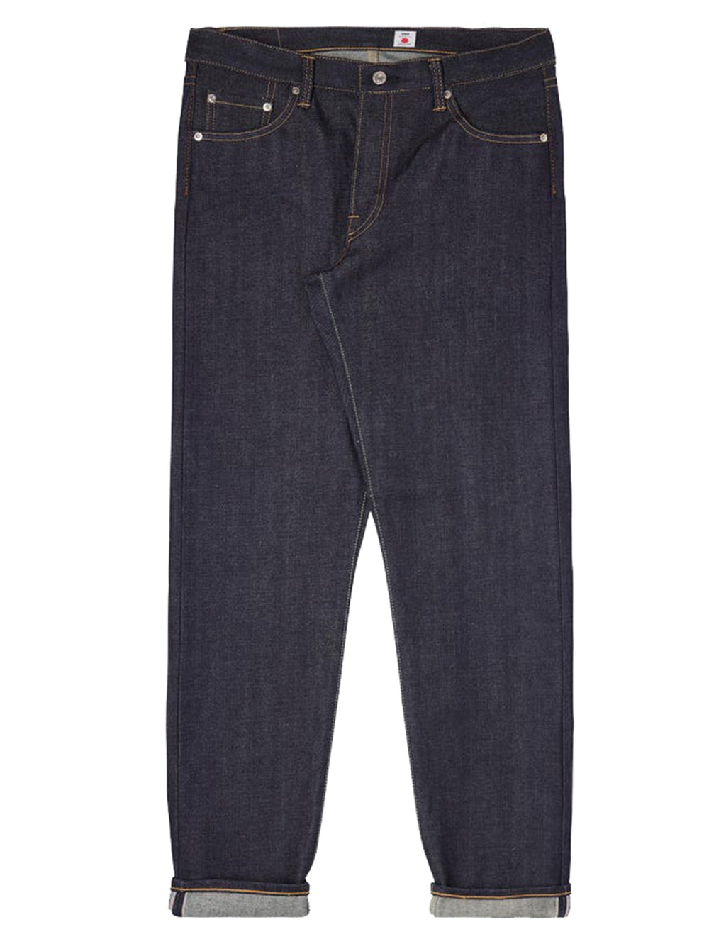Dark blue raw selvedge jeans, regular tapered fit, button fly, visible belt loops