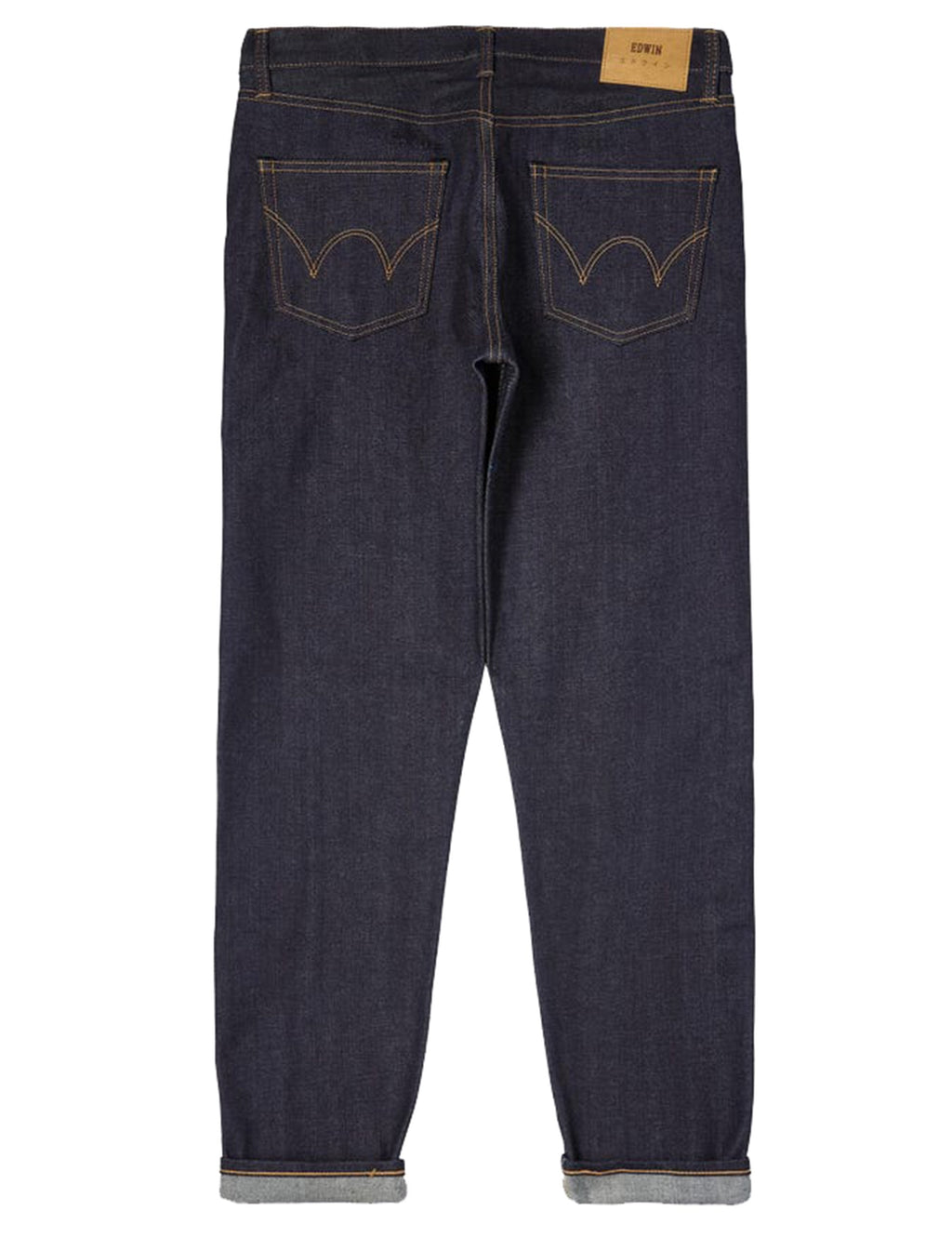 Dark blue denim jeans with contrast yellow stitching, button fly and back pockets