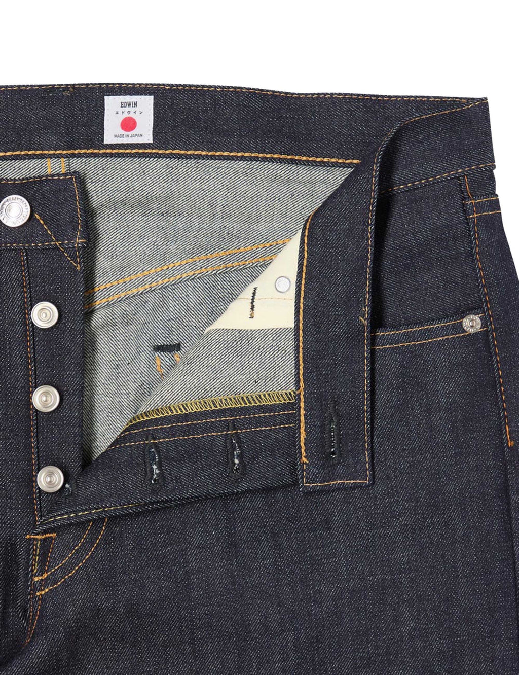 Jeans waistband and pocket interior with selvedge edge, button fly and coin pocket