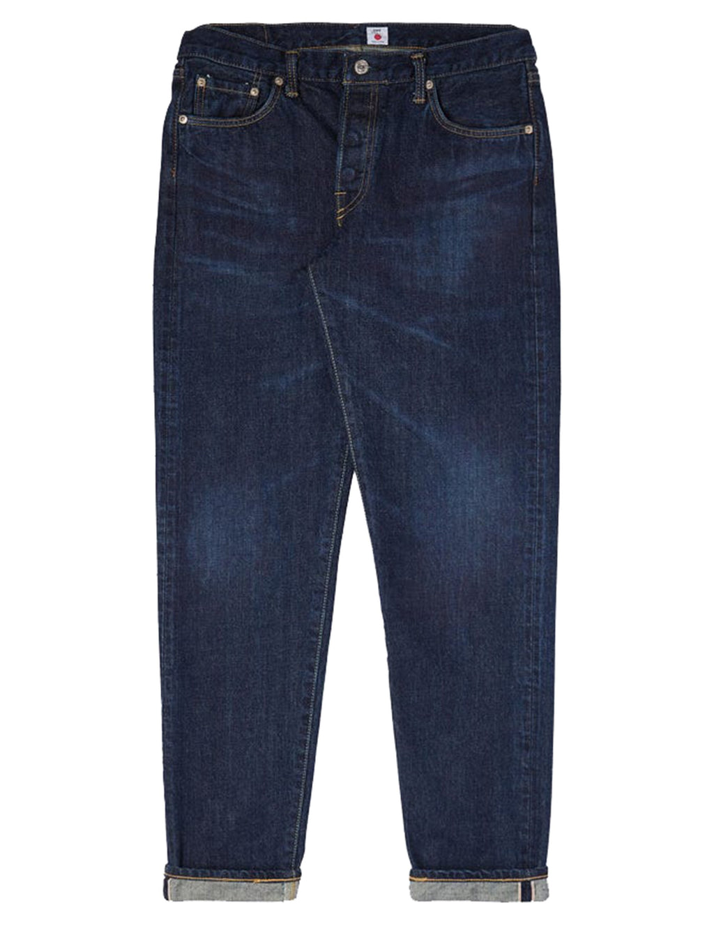Men's dark blue tapered jeans with button-fly and five-pocket styling