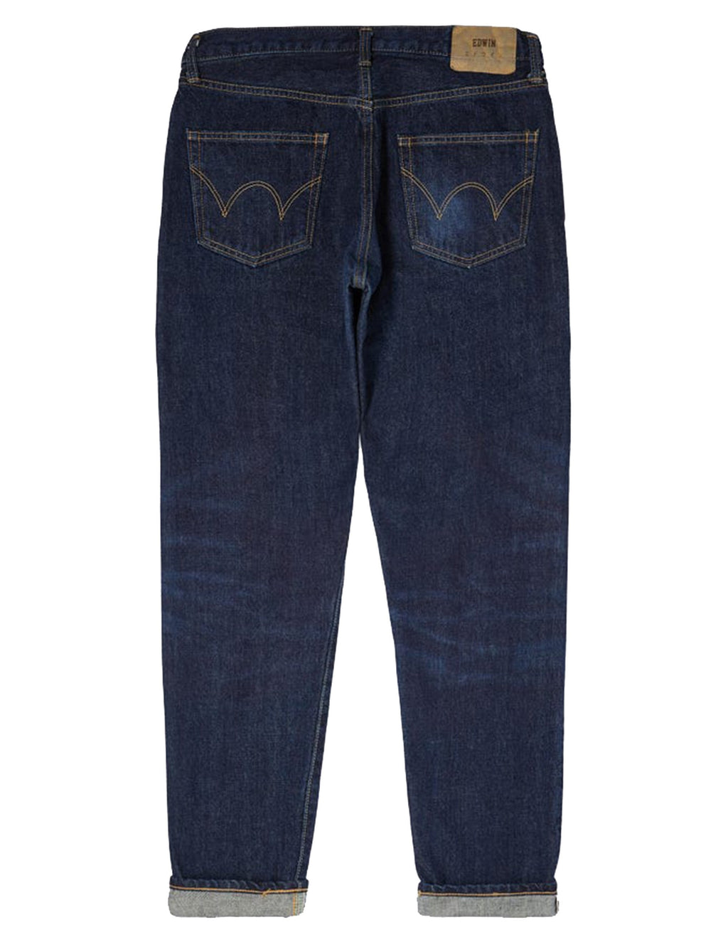 Men's dark blue tapered jeans, rear view with patch pocket and belt loops