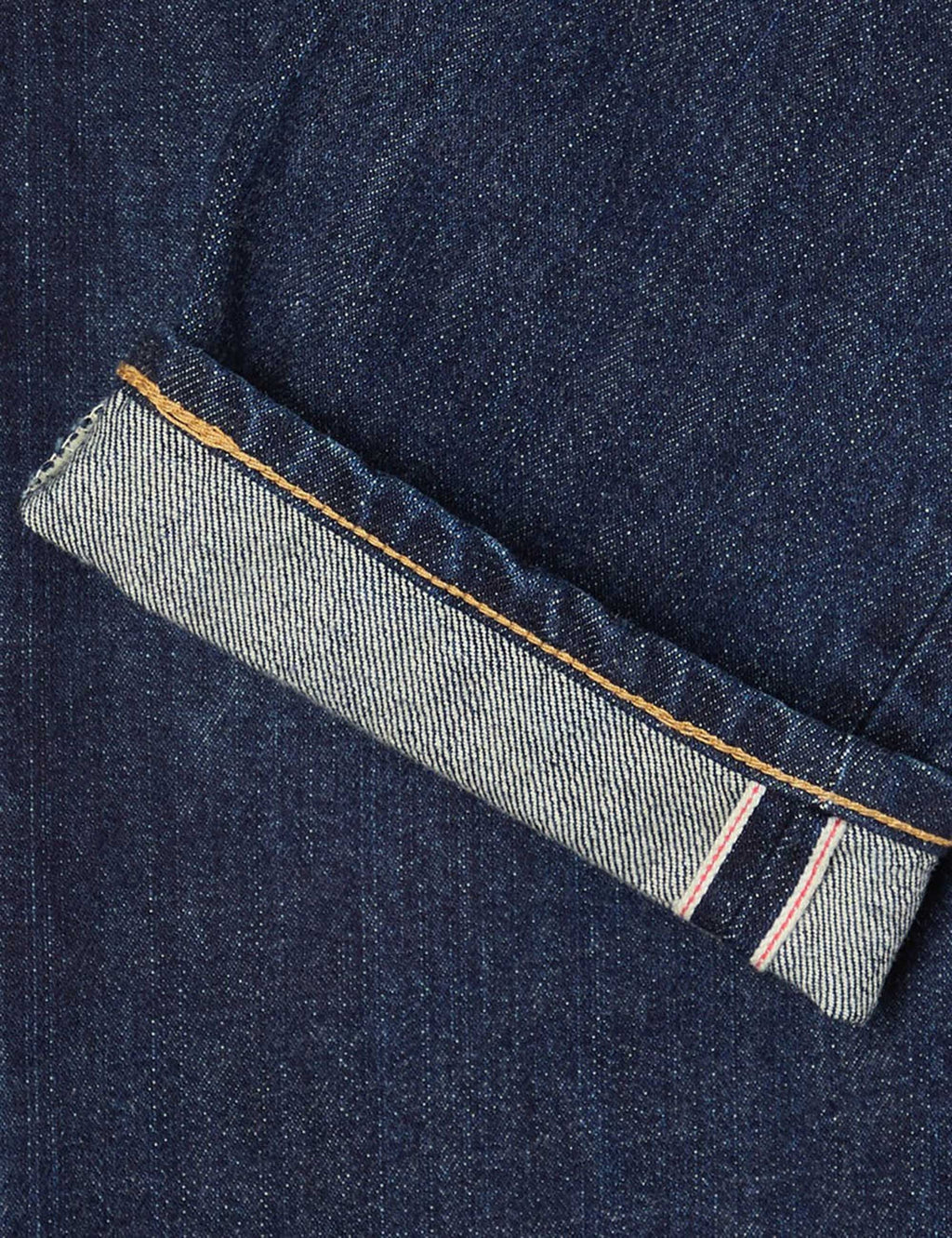 Men's dark blue selvedge hem with contrast light inner band and orange stripe