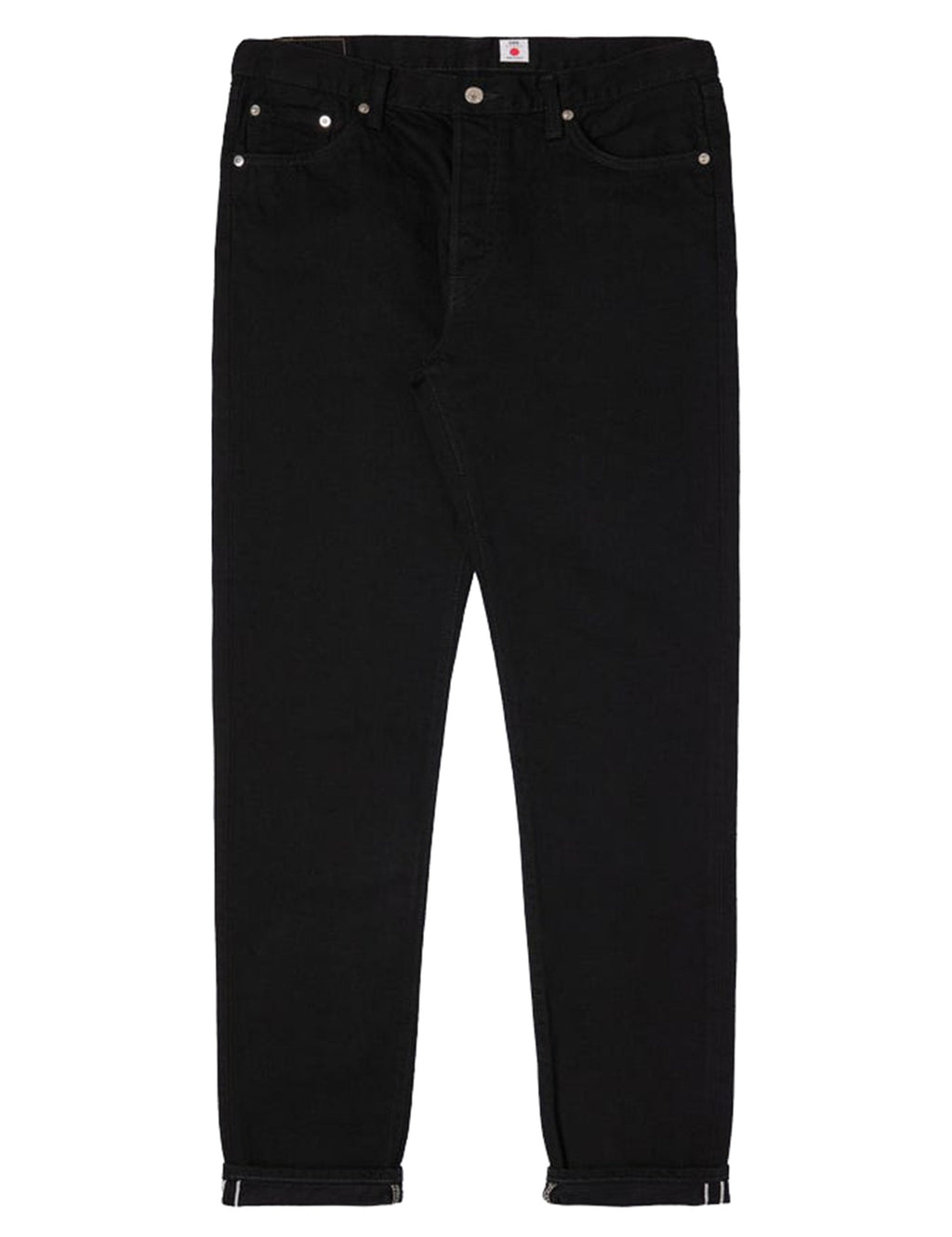 Black slim tapered jeans with button fly, front pockets, and belt loops