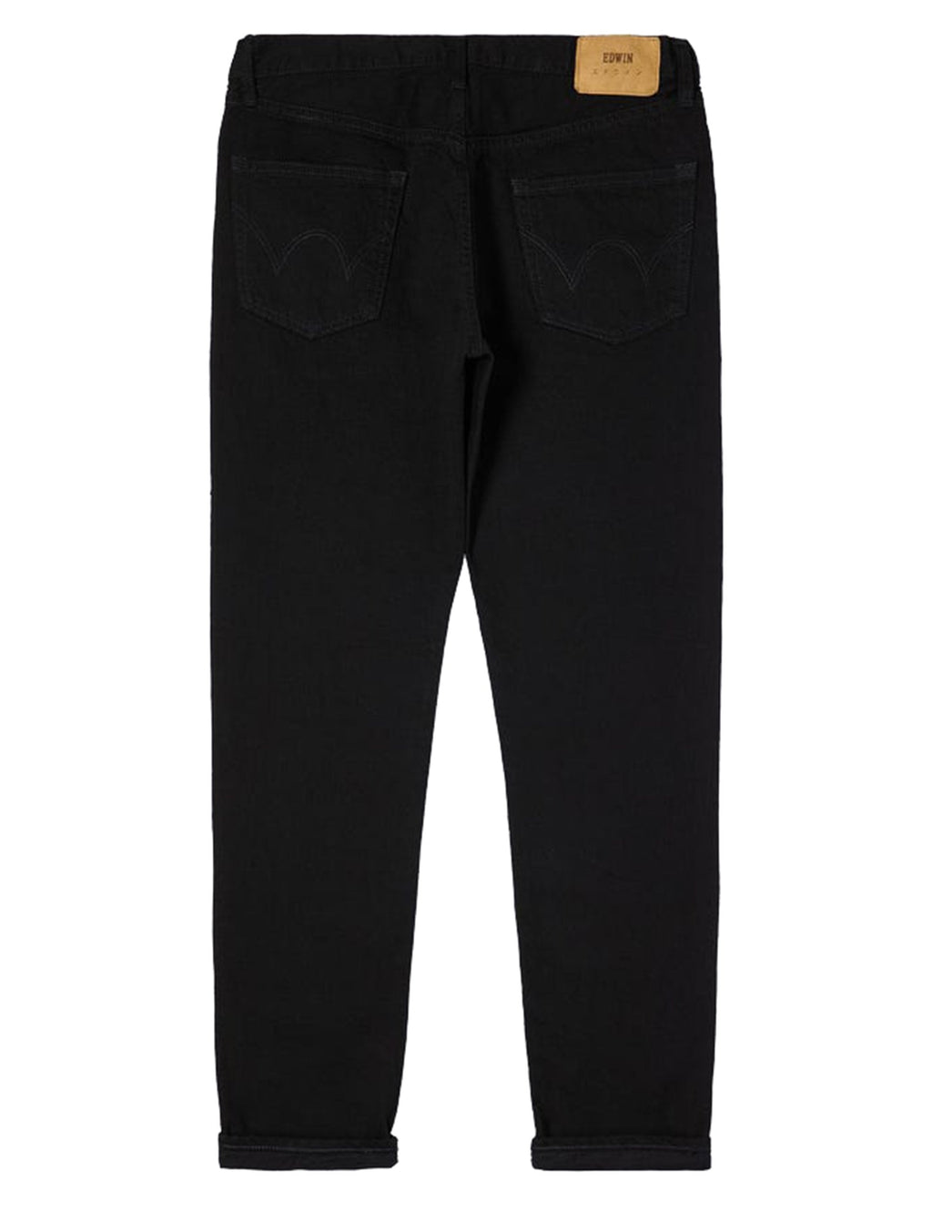 Black slim tapered jeans back view with logo patch and curved rear pockets