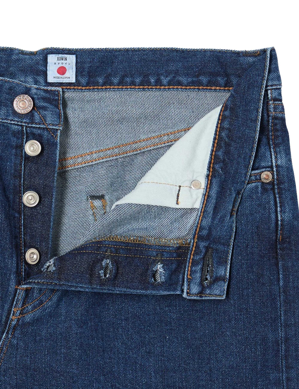 Blue denim jeans front detail with coin pocket, buttons, and stitched waistband