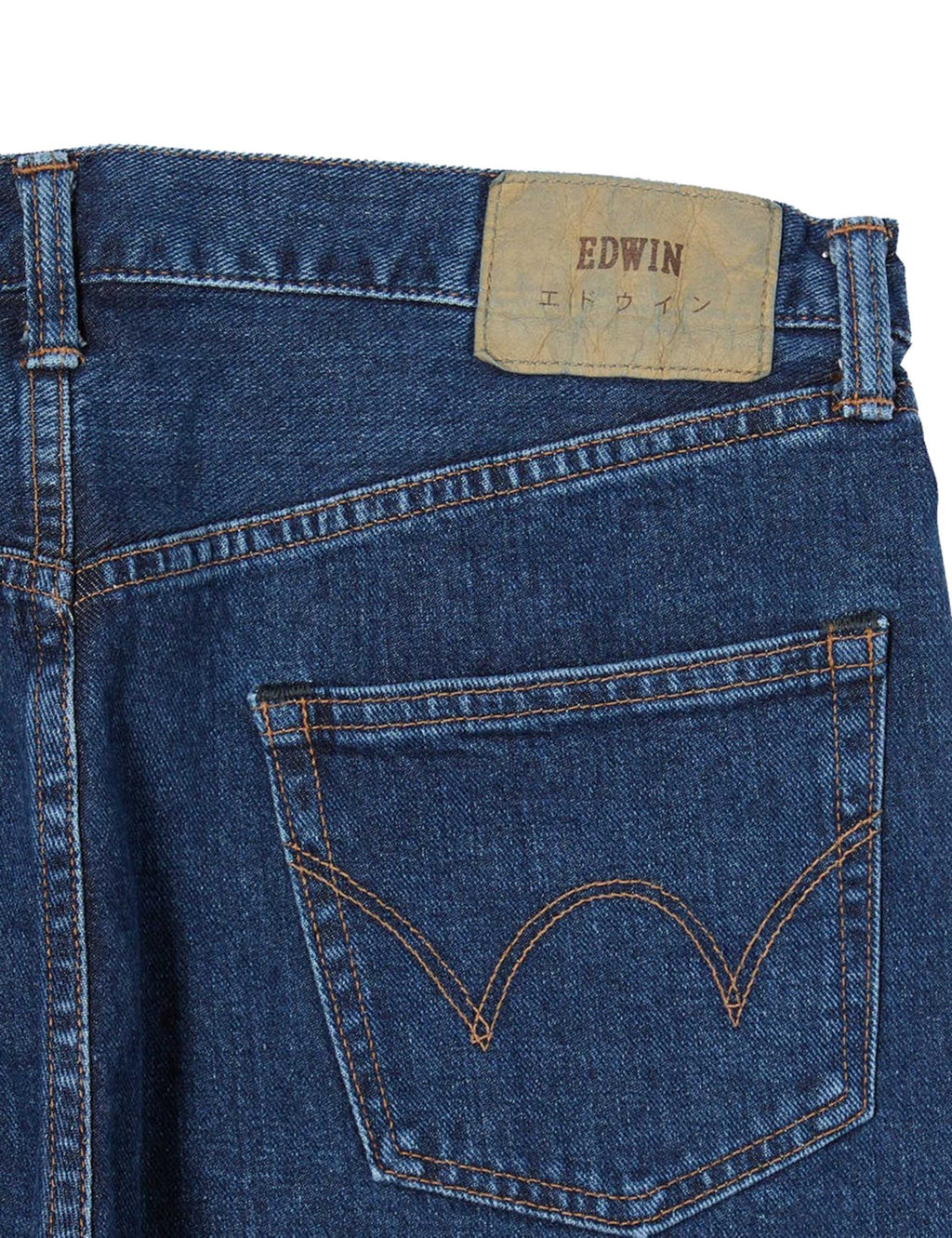 Blue denim jeans with EDWIN label and rear patch pocket stitching