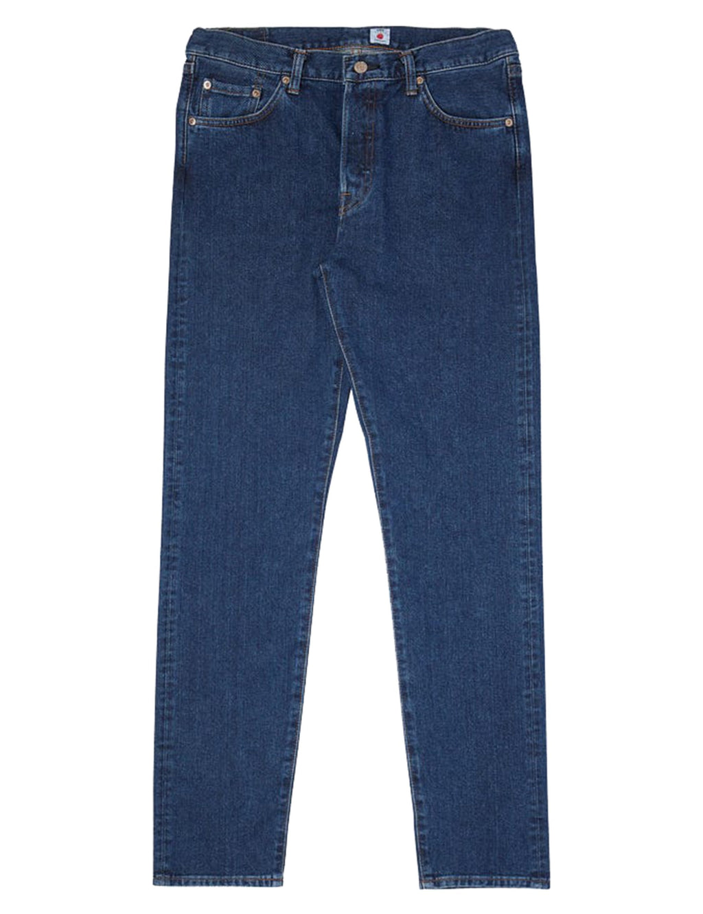 Slim tapered blue denim jeans with button fly and front pockets