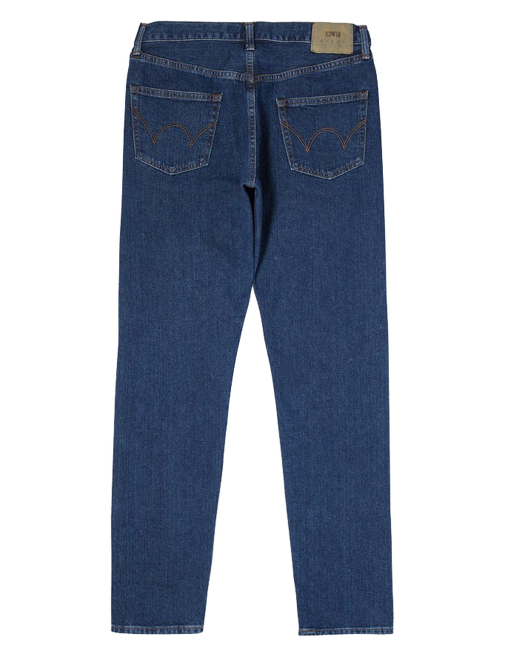 Slim tapered blue denim jeans with rear patch pockets and waistband label
