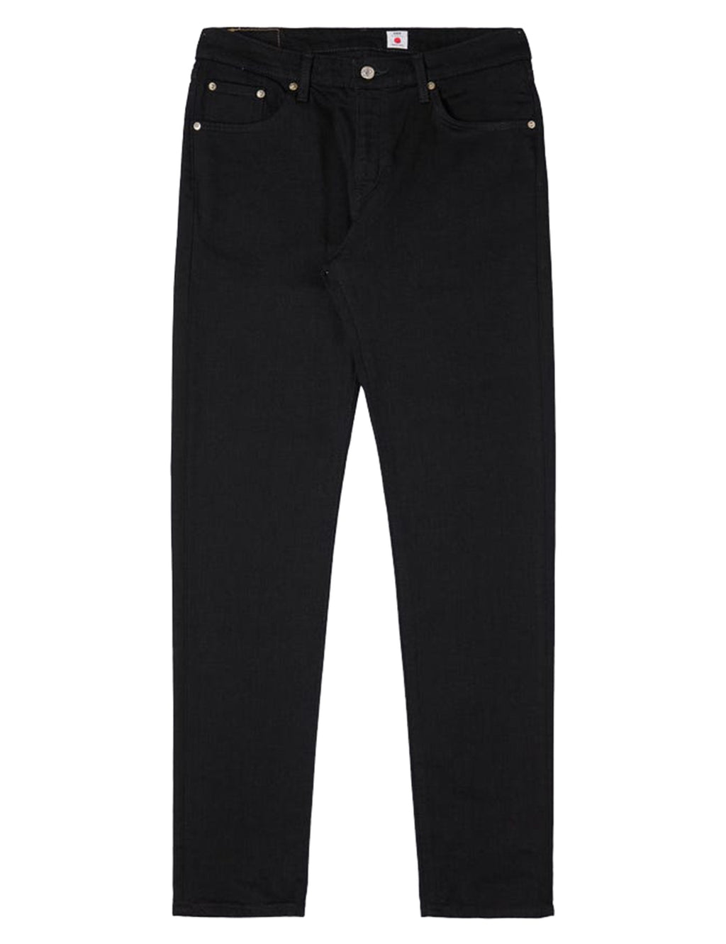 Black skinny stretch jeans, button-zip fly, five-pocket design