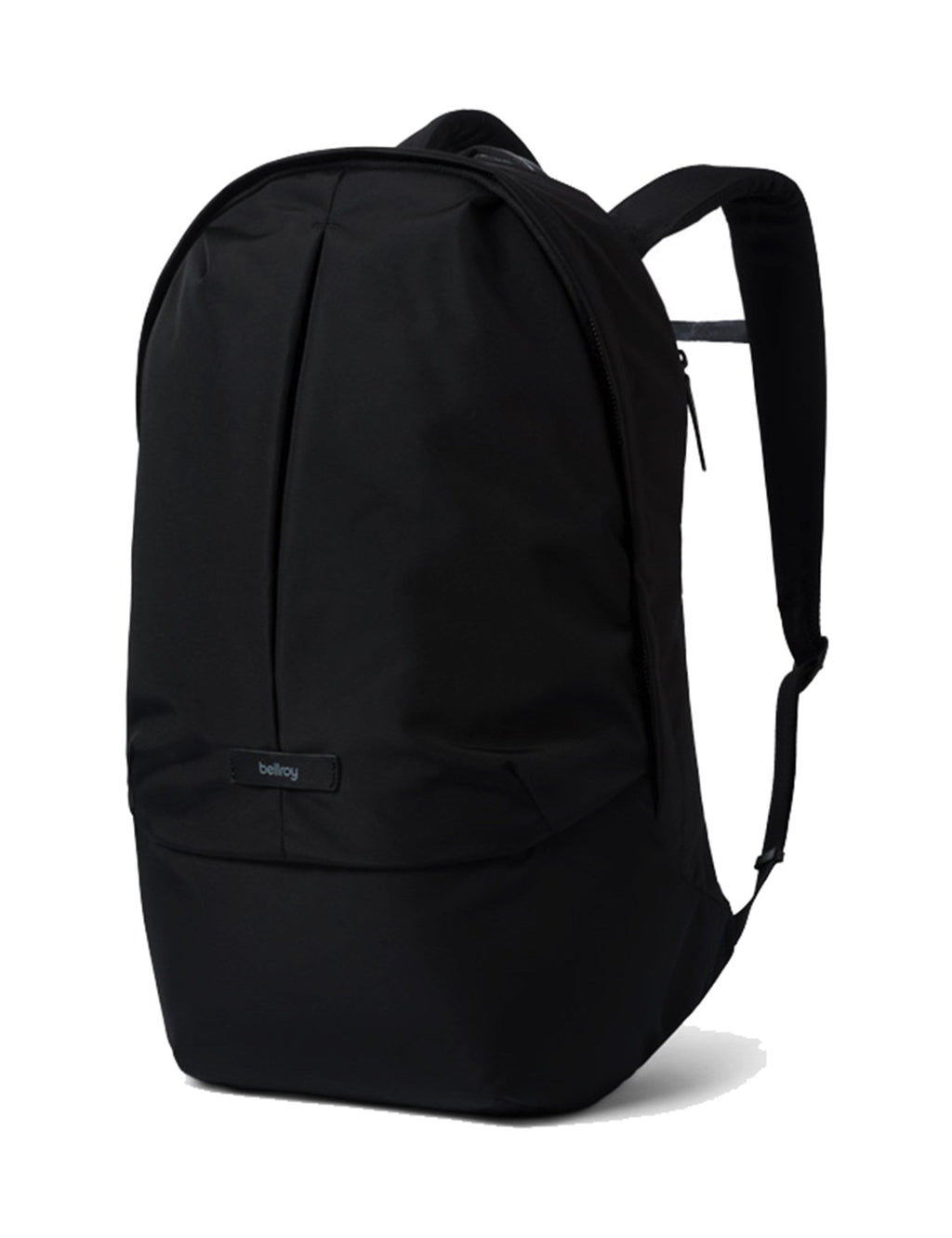 Black compact backpack with front zip pocket and top carry handle