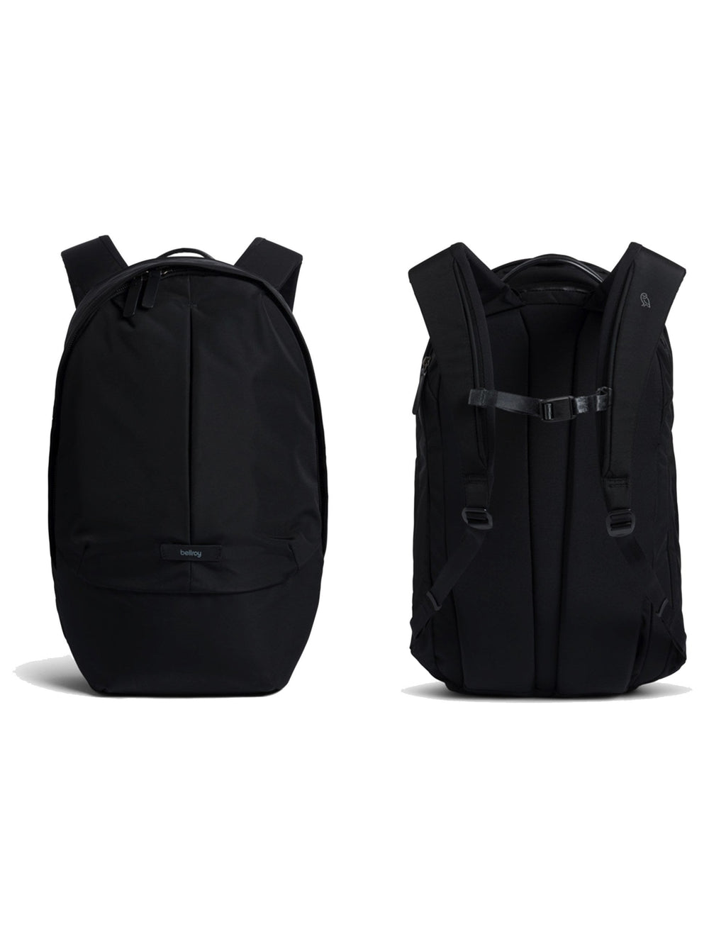 Black compact backpack with padded shoulder straps and zippered back panel