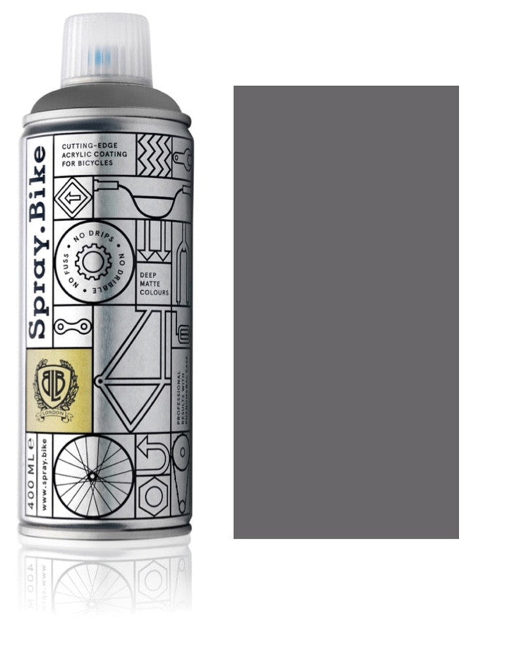 Gray spray paint can with graphic label and gray spray-color panel