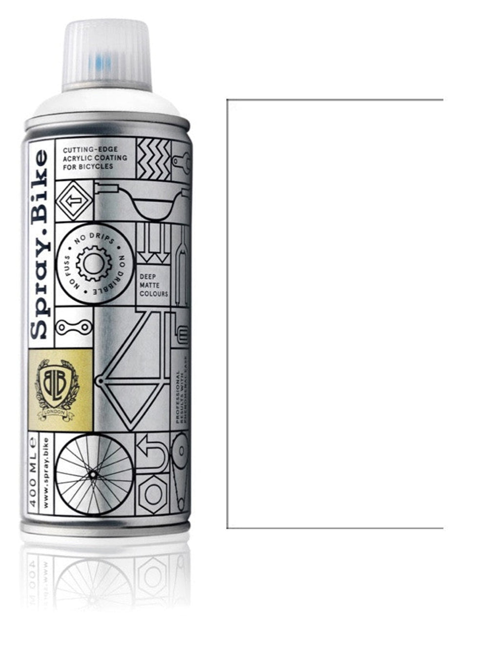Spray paint can with patterned label and silver nozzle cap, white finish