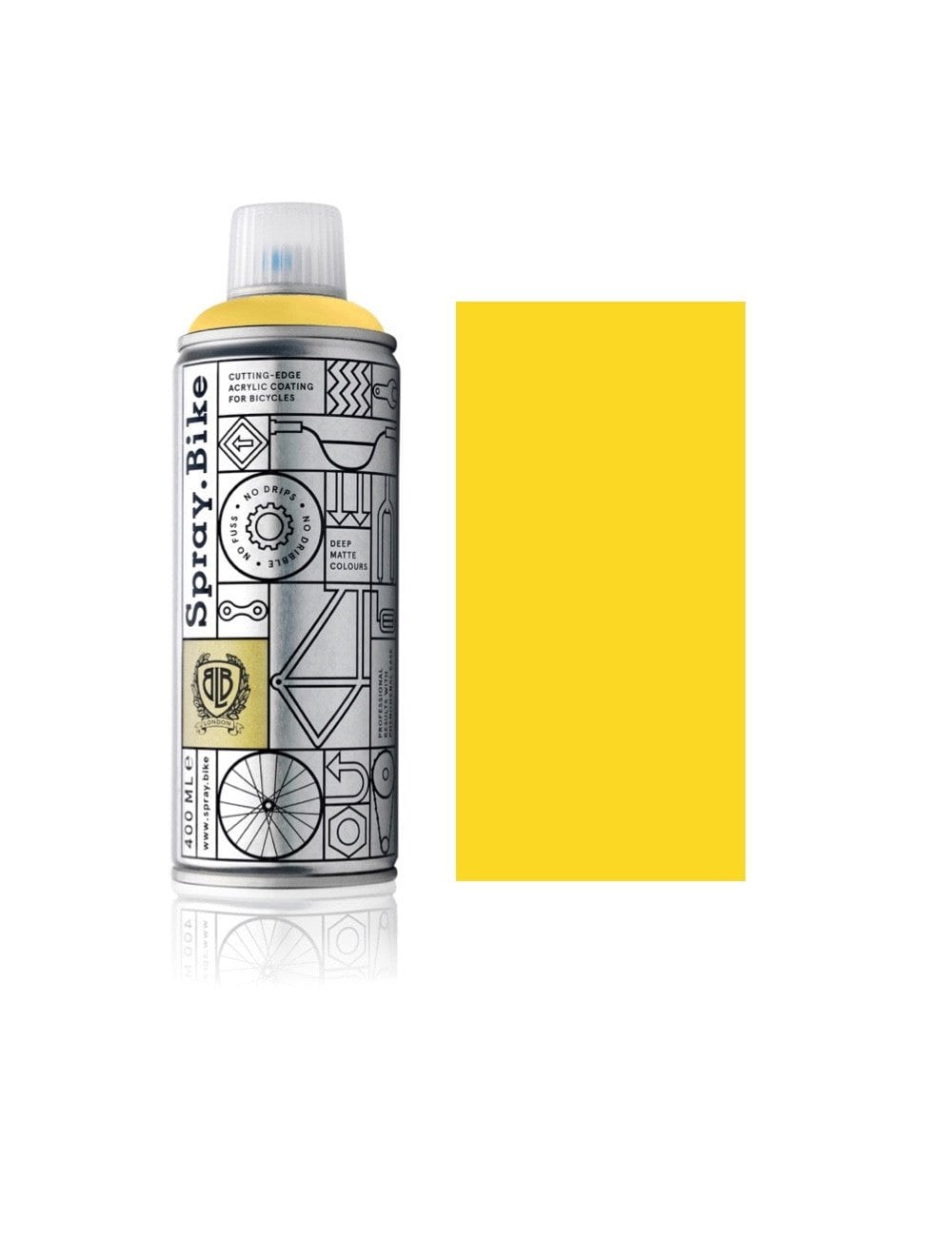 Yellow spray paint can with graphic label and square color swatch