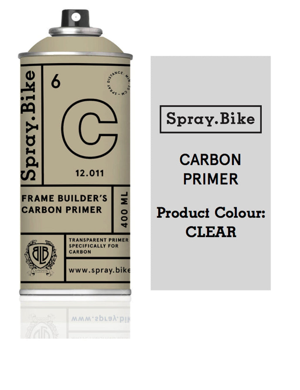 Carbon primer spray can with clear product label card beside it