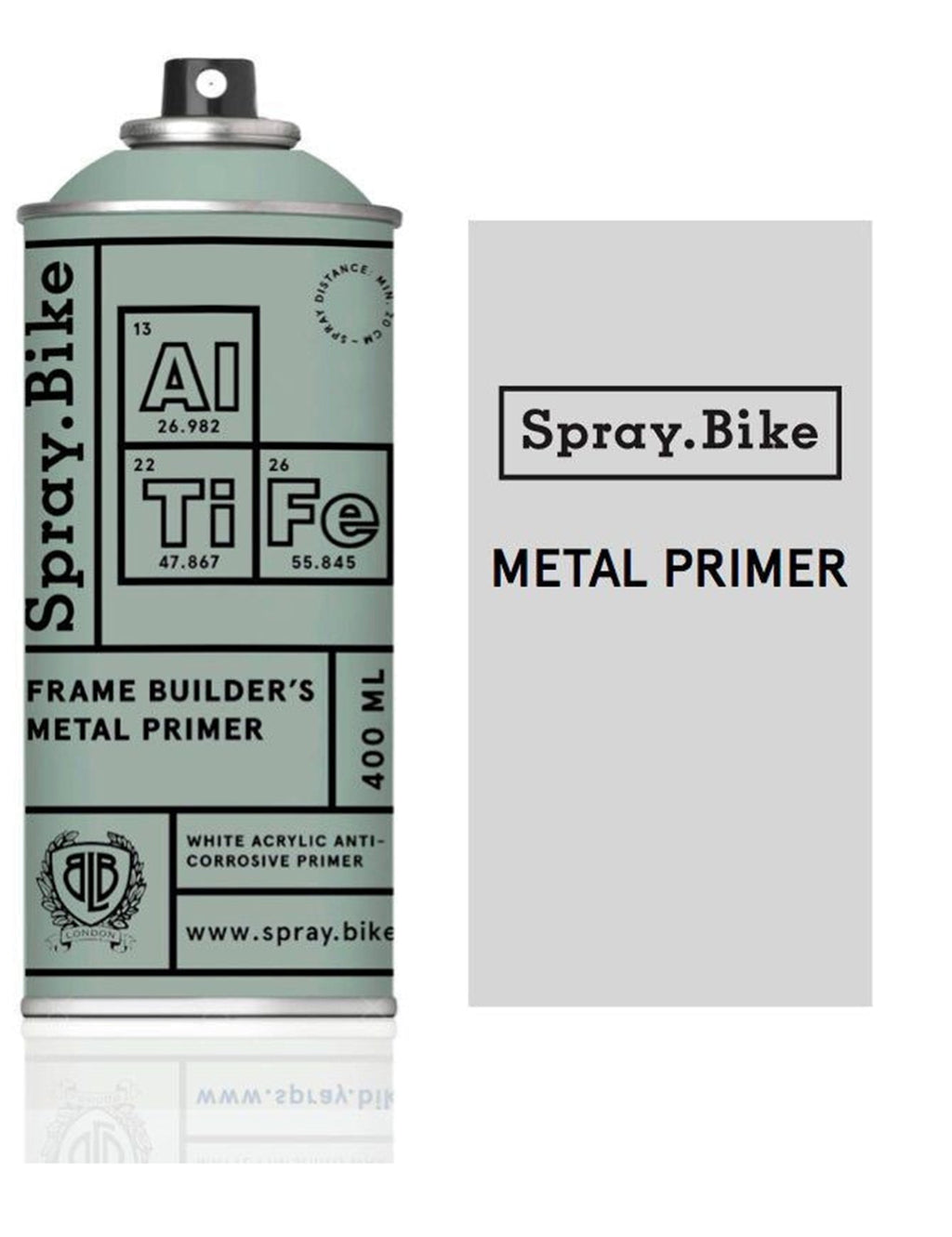 Metal primer spray can and light grey primer panel, front and side view