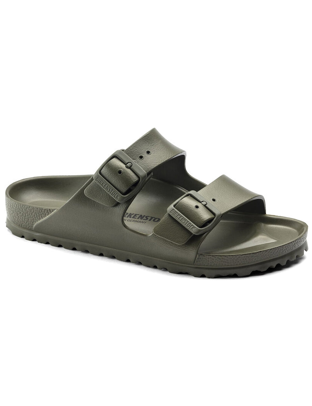 Women’s khaki EVA slide sandals with two adjustable buckle straps, narrow fit