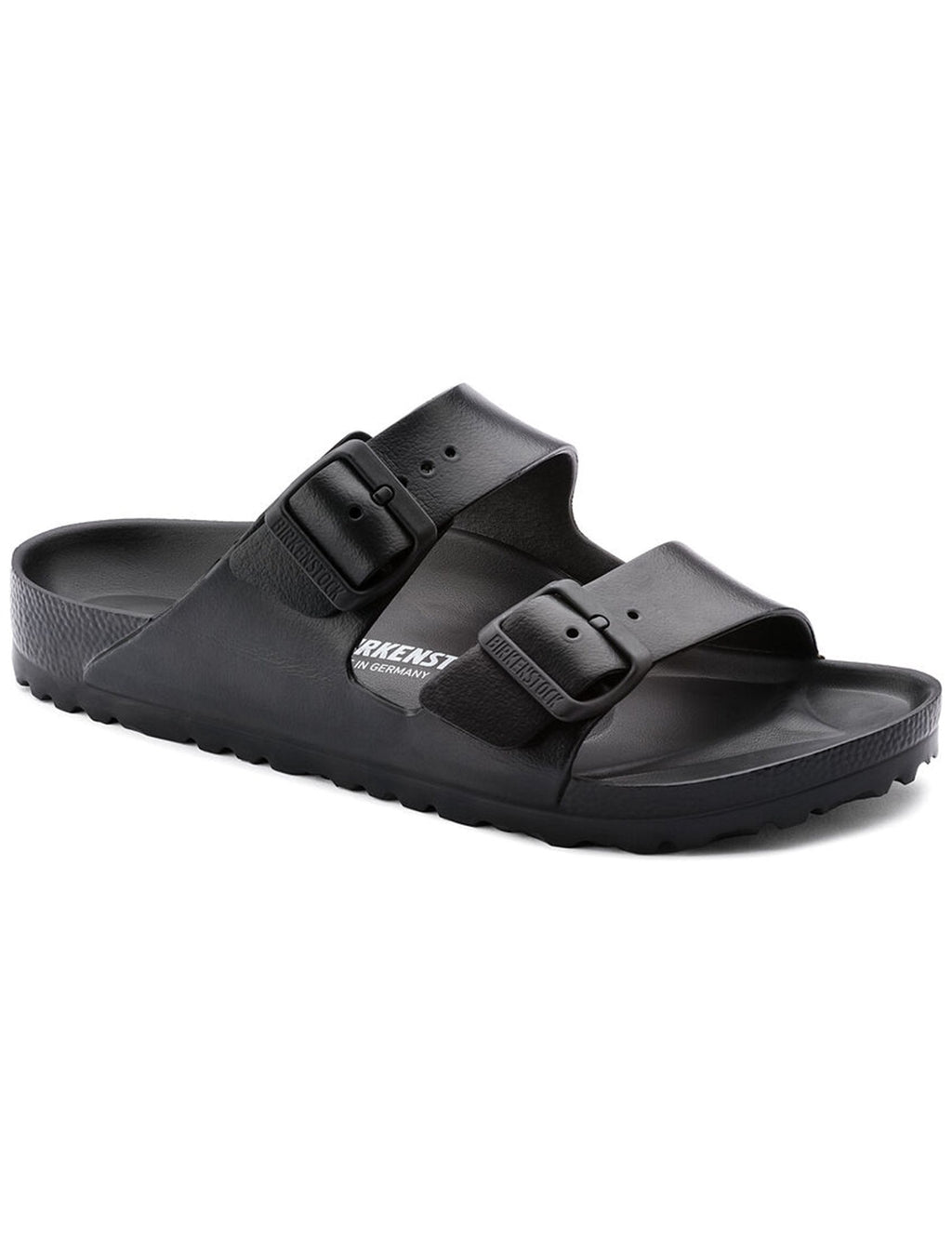 Black EVA slide sandals with two adjustable hook-and-loop straps