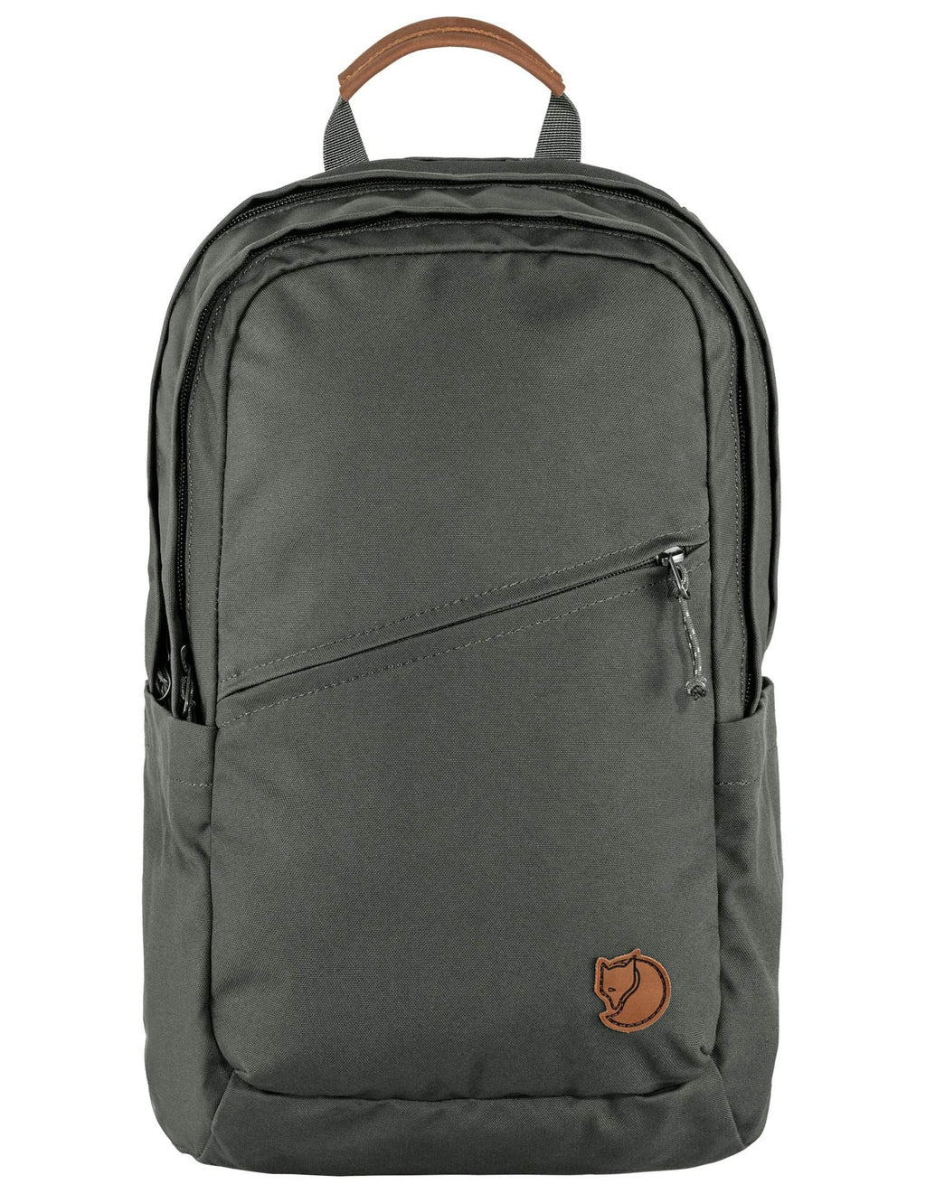 Basalt backpack with front zip pocket, top handle, and leather-like logo patch.