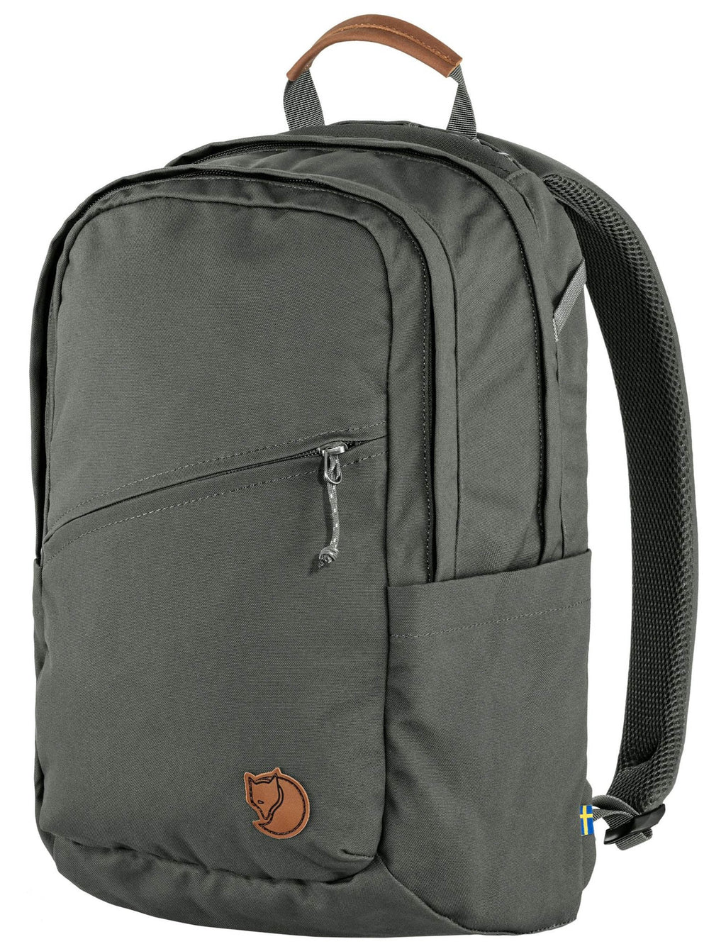 Basalt backpack with side mesh panel, front zip, and leather logo patch.