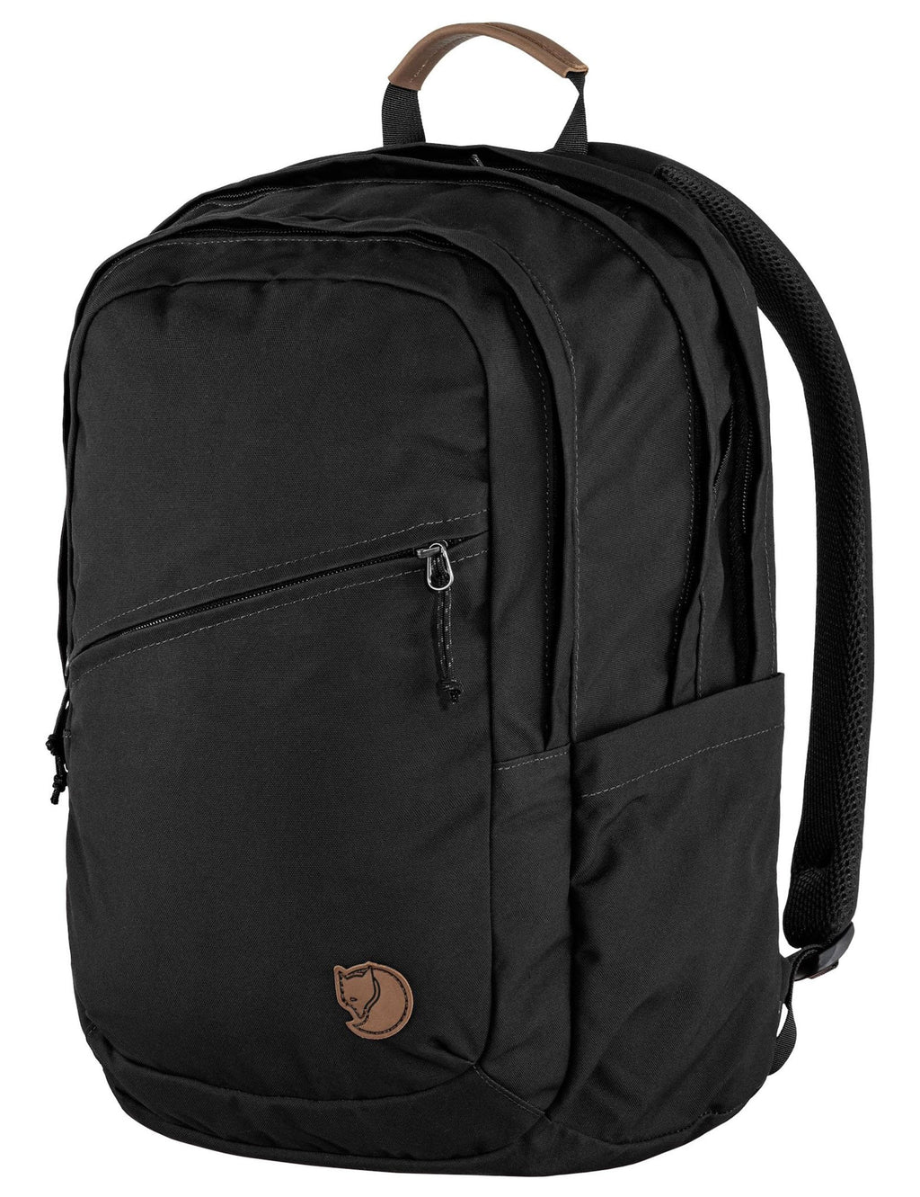 Raven Backpack 28L in black with front zip pocket and side carry straps