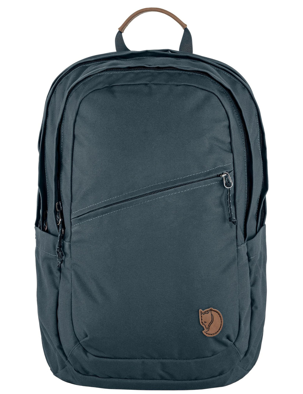 Navy backpack with front zip pocket, top handle, and leather logo patch