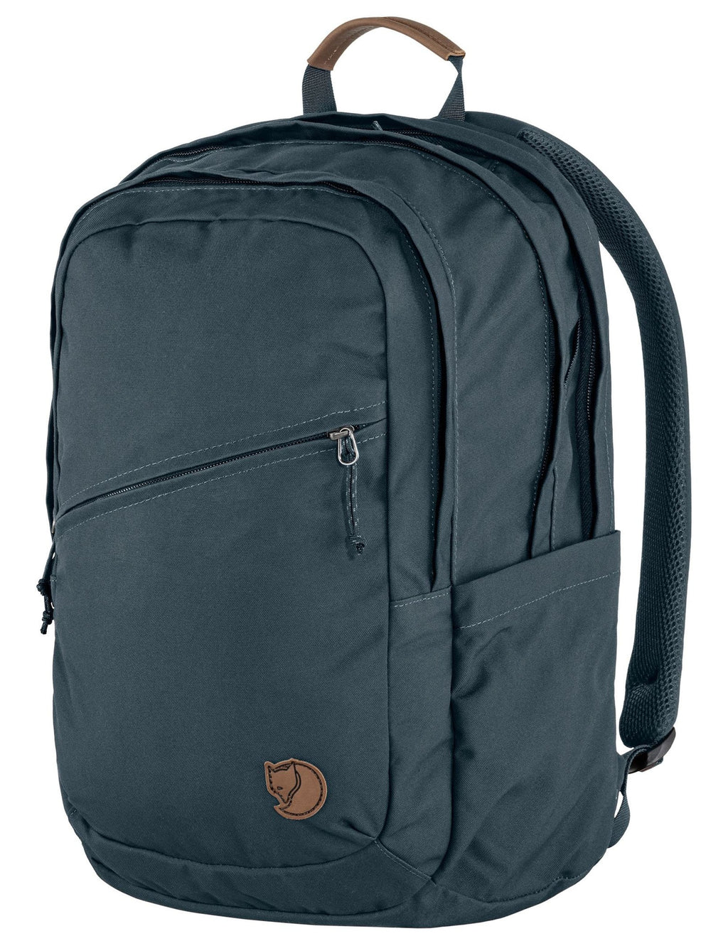 Navy backpack with side panel zip, padded shoulder straps, and logo patch